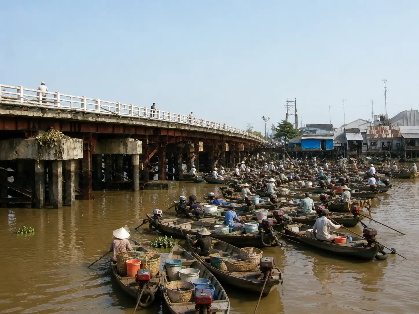 cảnh đò ghe đi chợ nhu gia nối đuôi nhau đến nửa sông (ảnh minh họa bằng AI)