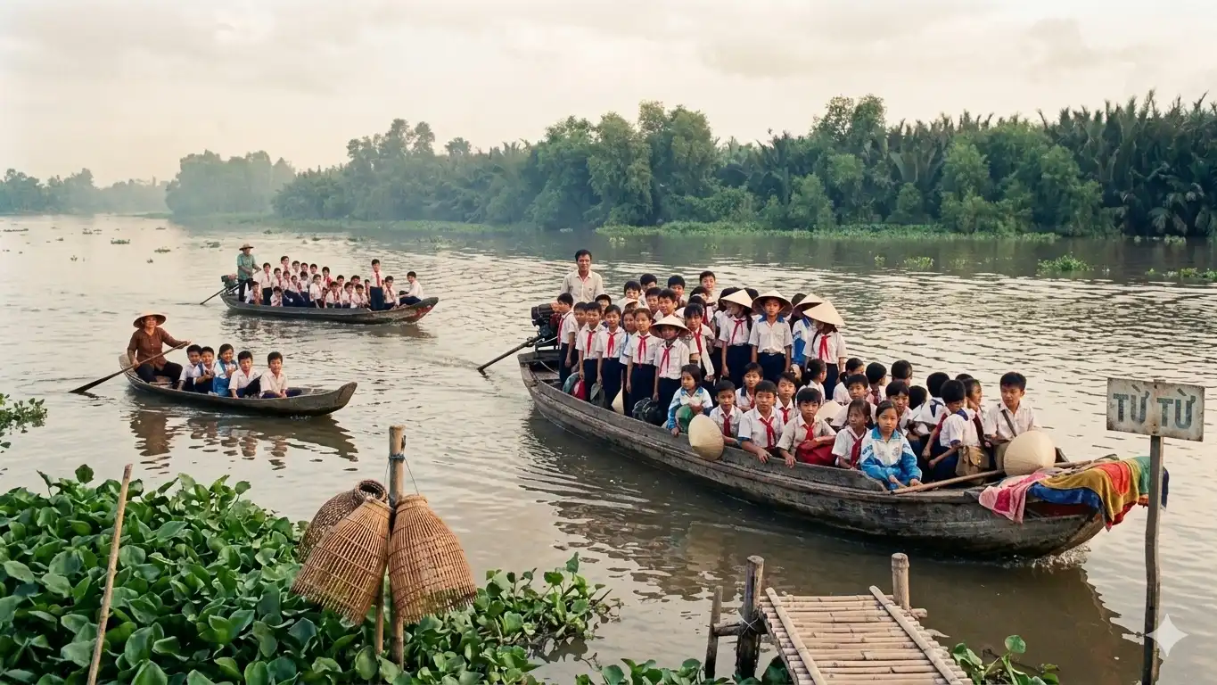 Đò đưa học sinh đi học trên sông nhu gia (ảnh minh họa bằng AI)