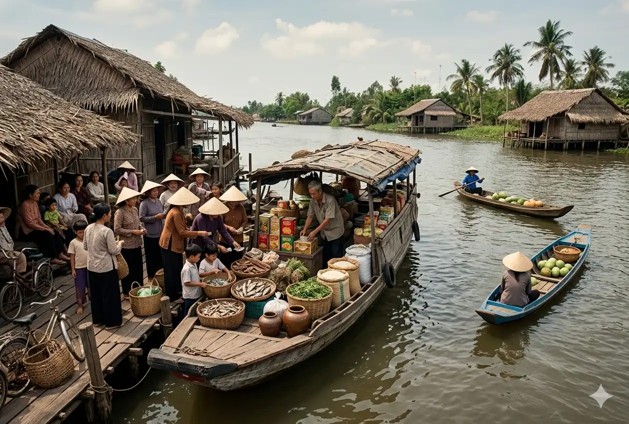 Ghe hàng tạp hóa bán đồ cho người dân bên bờ sông nhu gia (ảnh minh họa bằng AI)