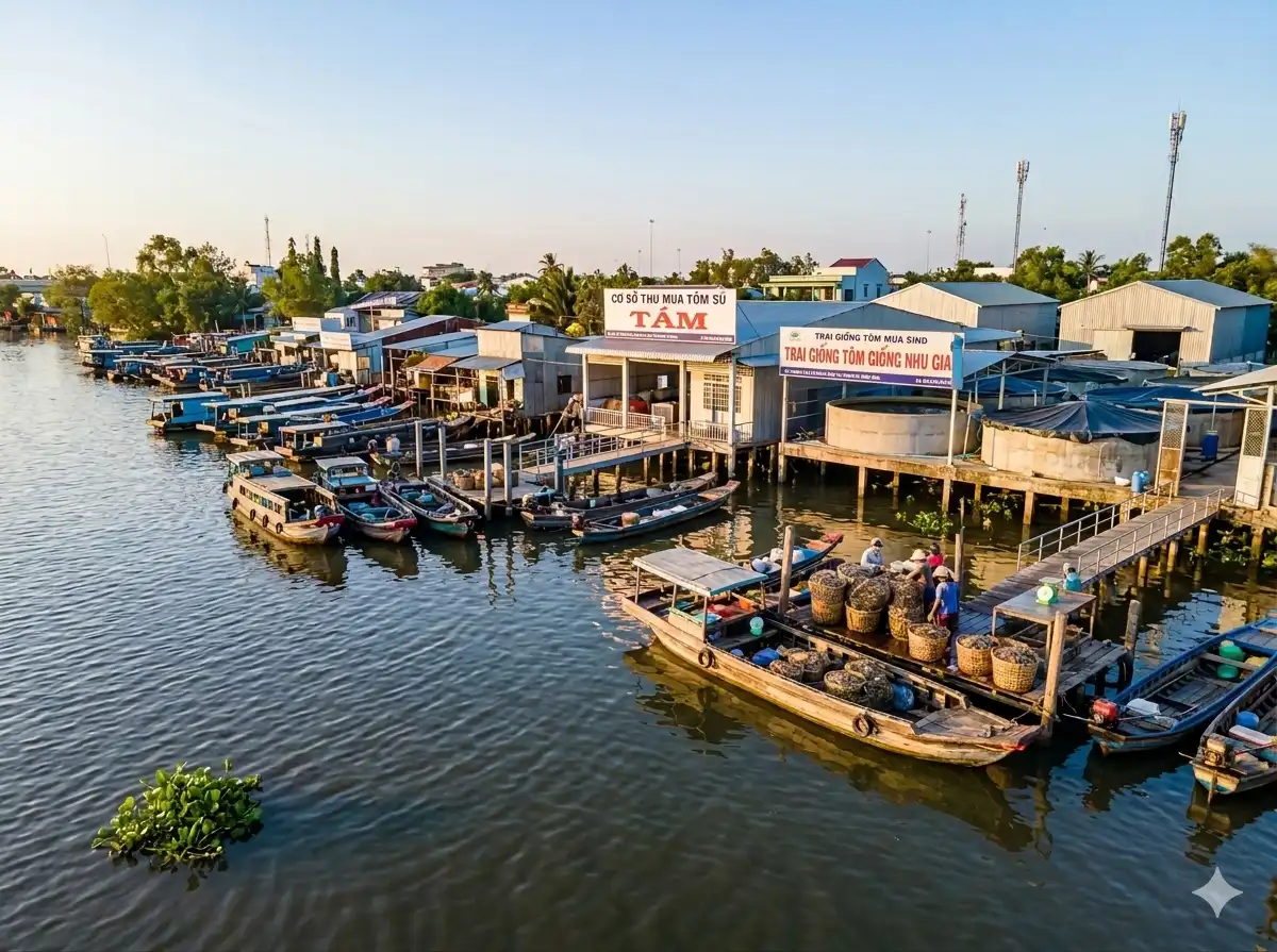 Trại tôm giống và thu mua tôm sú hai bên bờ sông Nhu Gia (ảnh minh họa bằng AI)